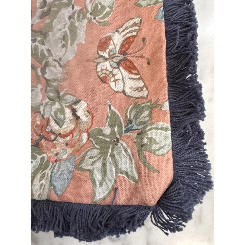 Pottery Barn Caverley Bird Floral Linen Velvet Fringe Pillow Cover 22x22